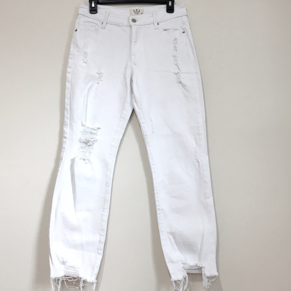 L.T.J. Letter To Juliet High Rise White Romeo Distressed Straight Raw Hem Jeans
